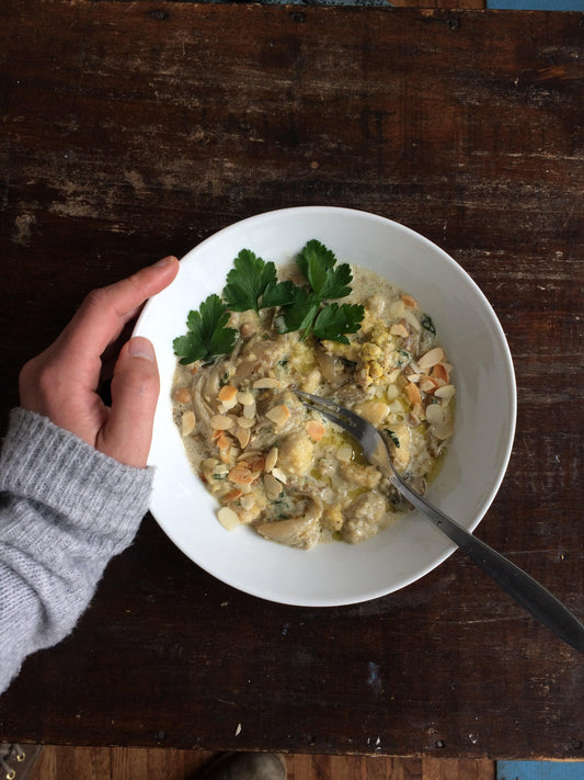 Kikkererwten archiduc met gebakken witloof en polenta