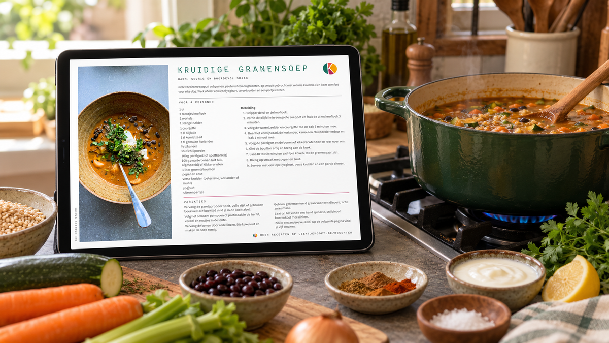 De Granenwijzer op een tablet, met de kruidige granensoep